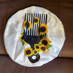 Womans Sunflower Afro Comb Custom Design Satin Double Layered Hair Bonnets Scarf